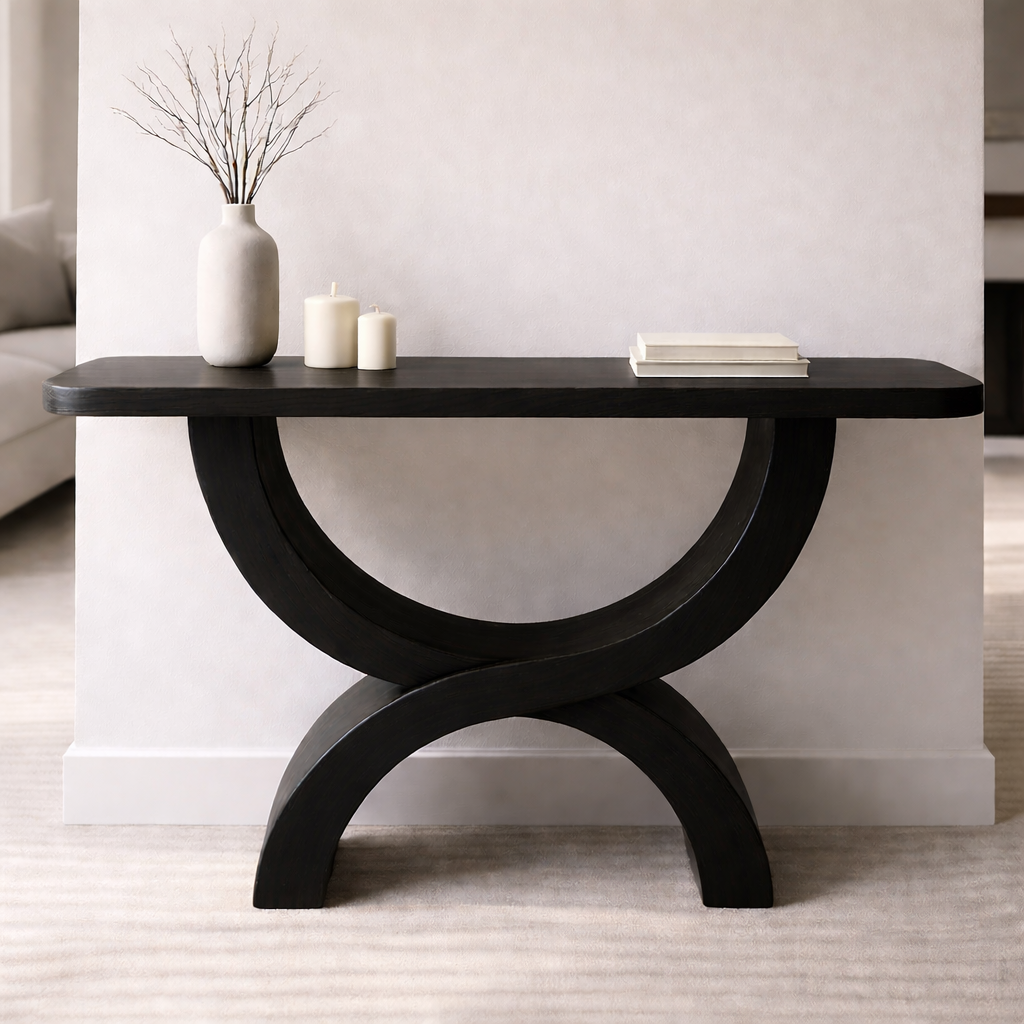 Modern Solid Wood Console Table, Sculptural Arch Base Entryway Hallway Statement Furniture