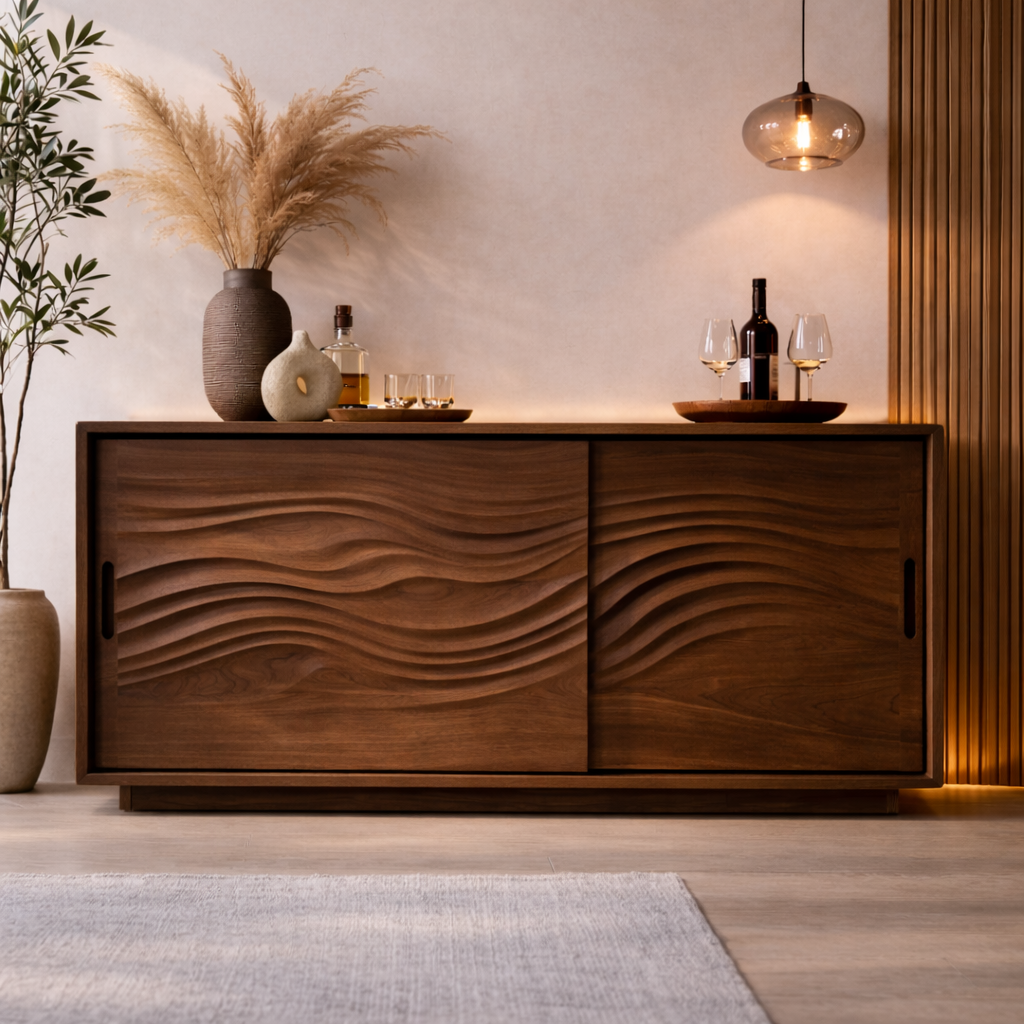Solid Wood Console Table with Carved Wave Doors – Modern Walnut Sideboard Cabinet
