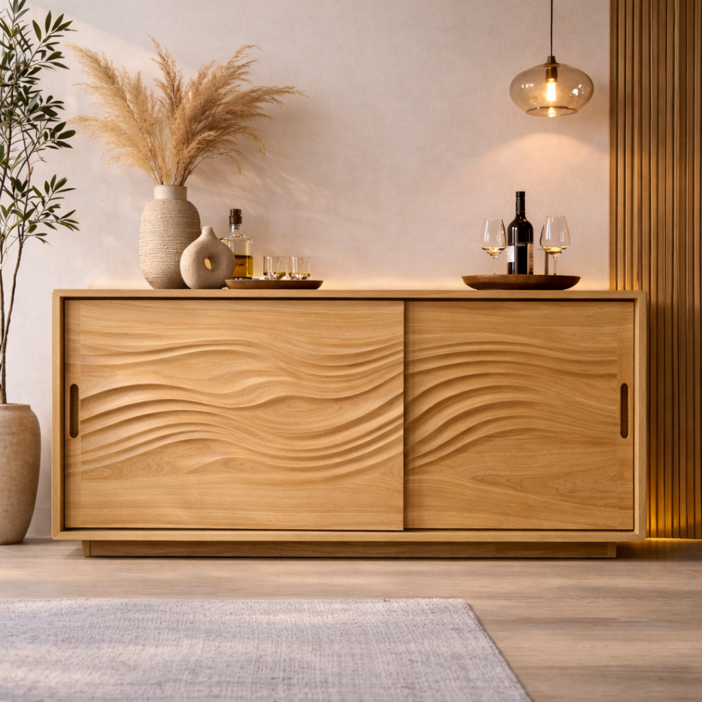 Solid Wood Console Table with Carved Wave Doors – Modern Walnut Sideboard Cabinet
