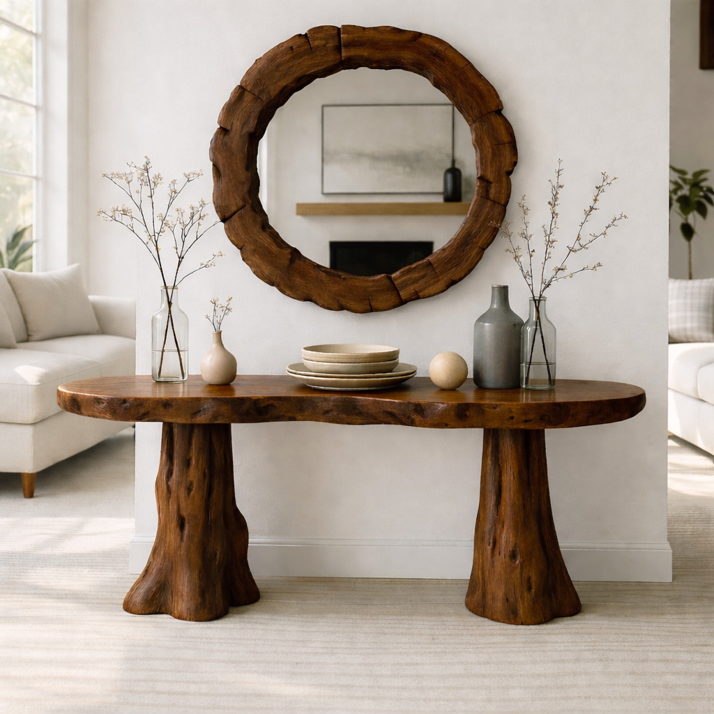 Rustic Solid Wood Console Table, Natural Tree Trunk Base Entryway Hallway Furniture