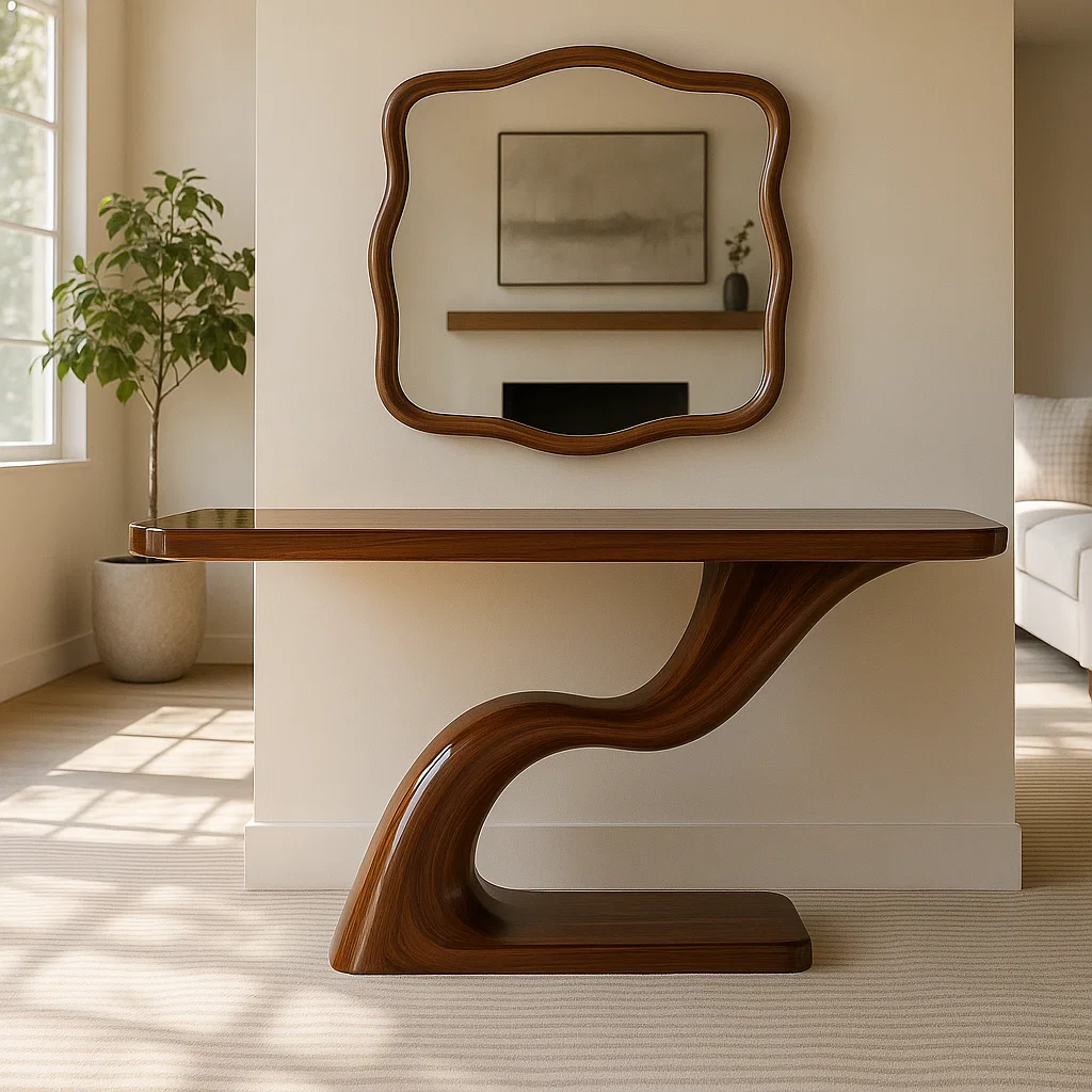 Modern Sculptural Solid Wood Console Table, Curved Base Entryway Hallway Statement Furniture