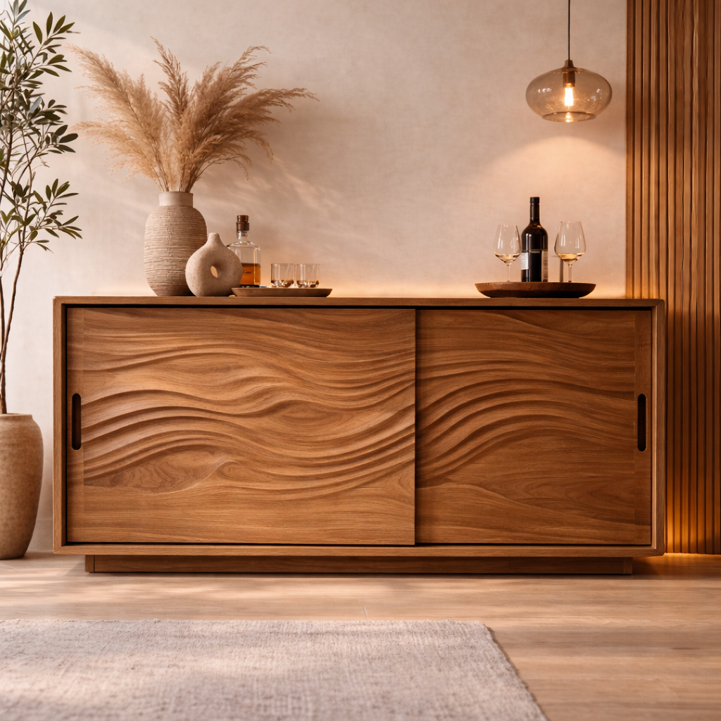 Solid Wood Console Table with Carved Wave Doors – Modern Walnut Sideboard Cabinet