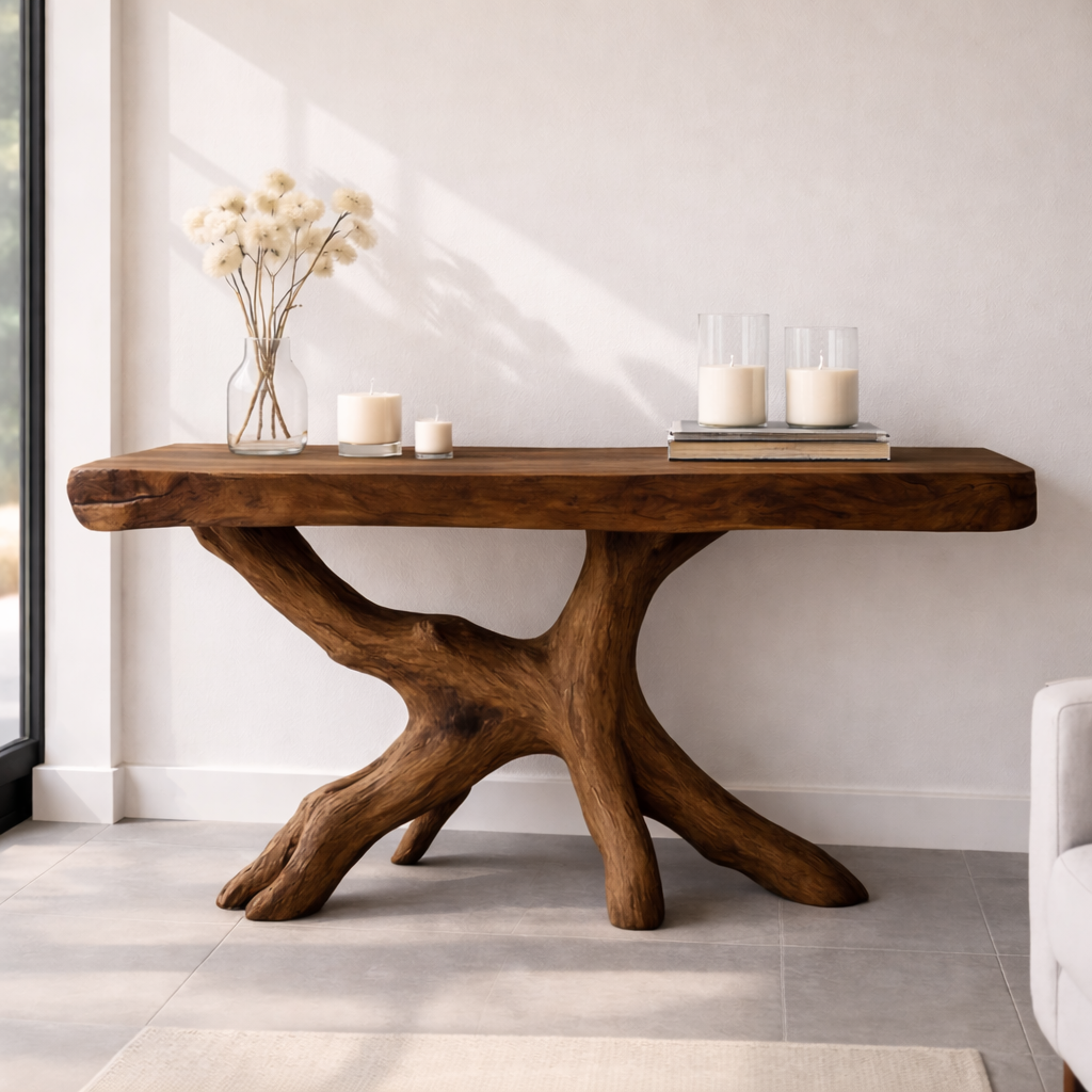 Rustic Solid Wood Console Table, Natural Tree Root Base Entryway Hallway Statement Furniture