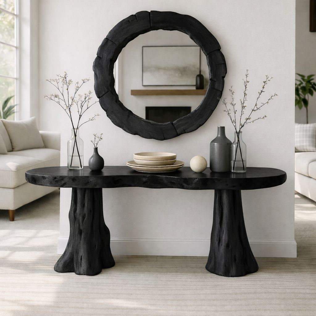 Rustic Solid Wood Console Table, Natural Tree Trunk Base Entryway Hallway Furniture