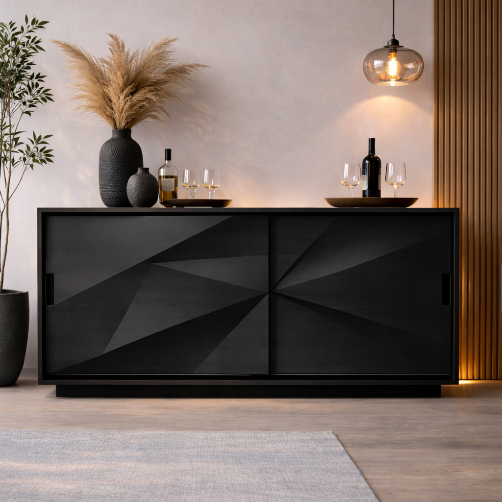Solid Walnut Console Table with Geometric Carved Doors – Modern Wooden Sideboard