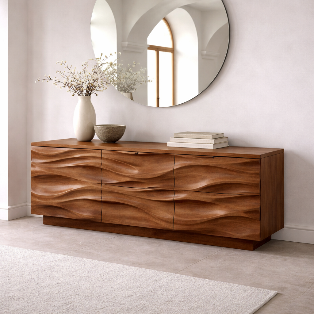 Solid Wood Console Table with Wave Front – Modern Entryway Storage Sideboard