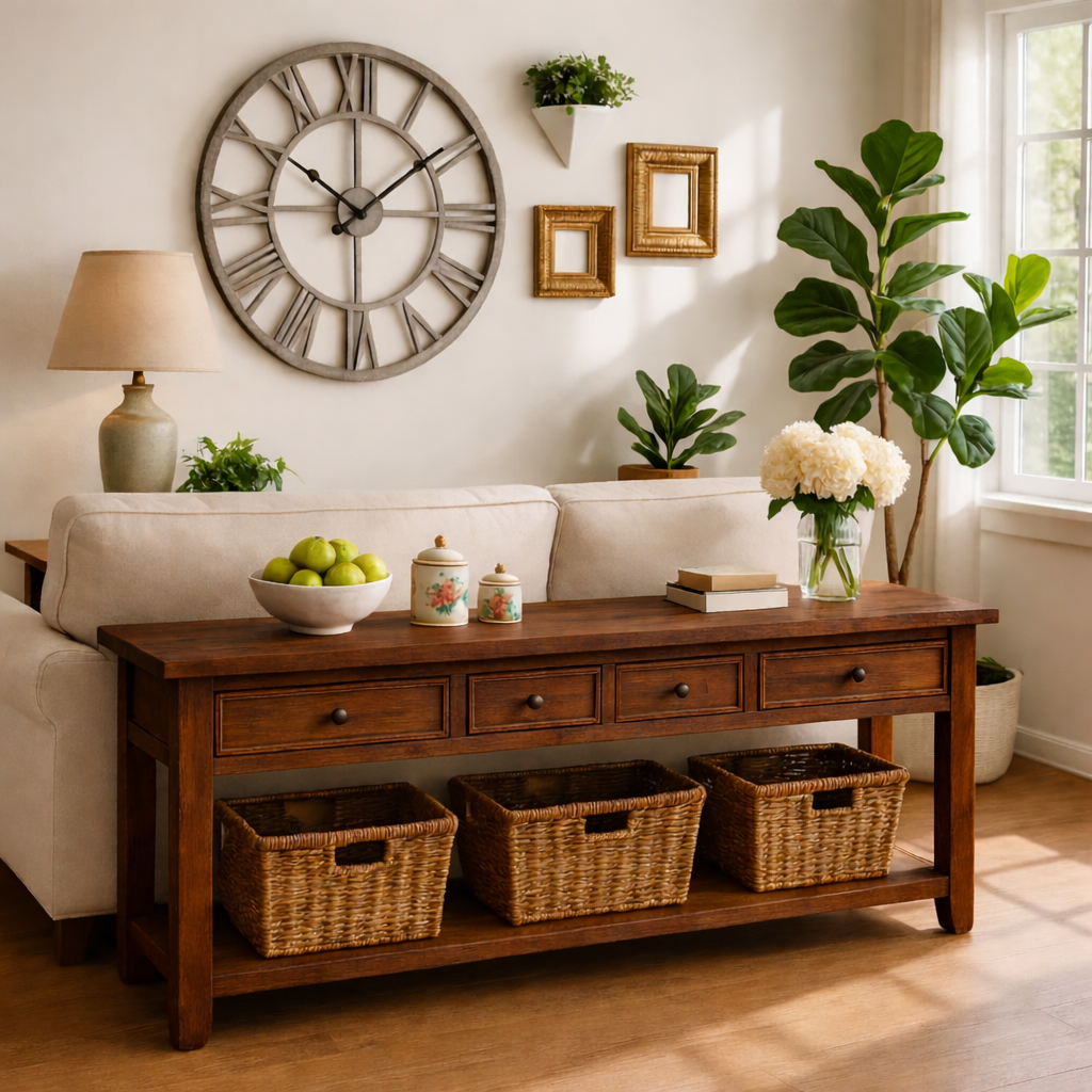 Solid Wood Console Table with Drawers and Storage Shelf for Living Room or Entryway