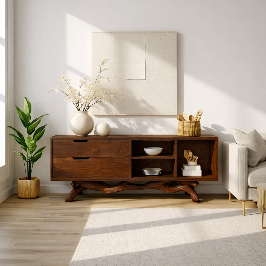 Modern Solid Wood Sideboard with Sculptural Base, Mid Century Storage Cabinet