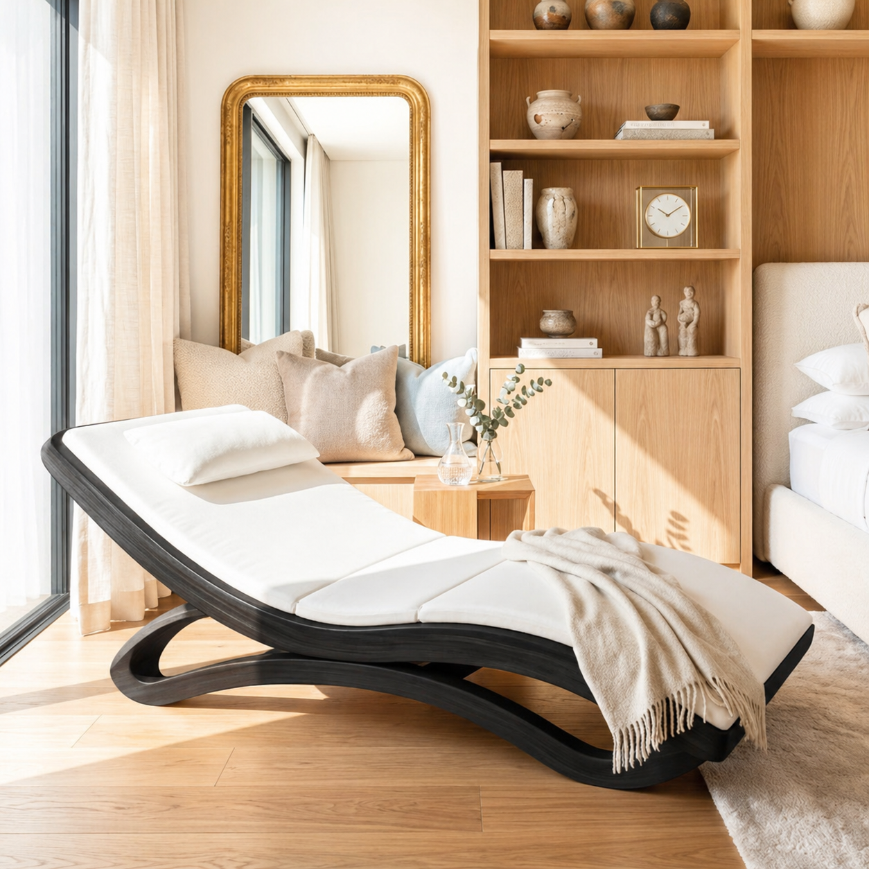 Modern Curved Chaise Lounge Daybed with Cushion for Bedroom Reading Nook