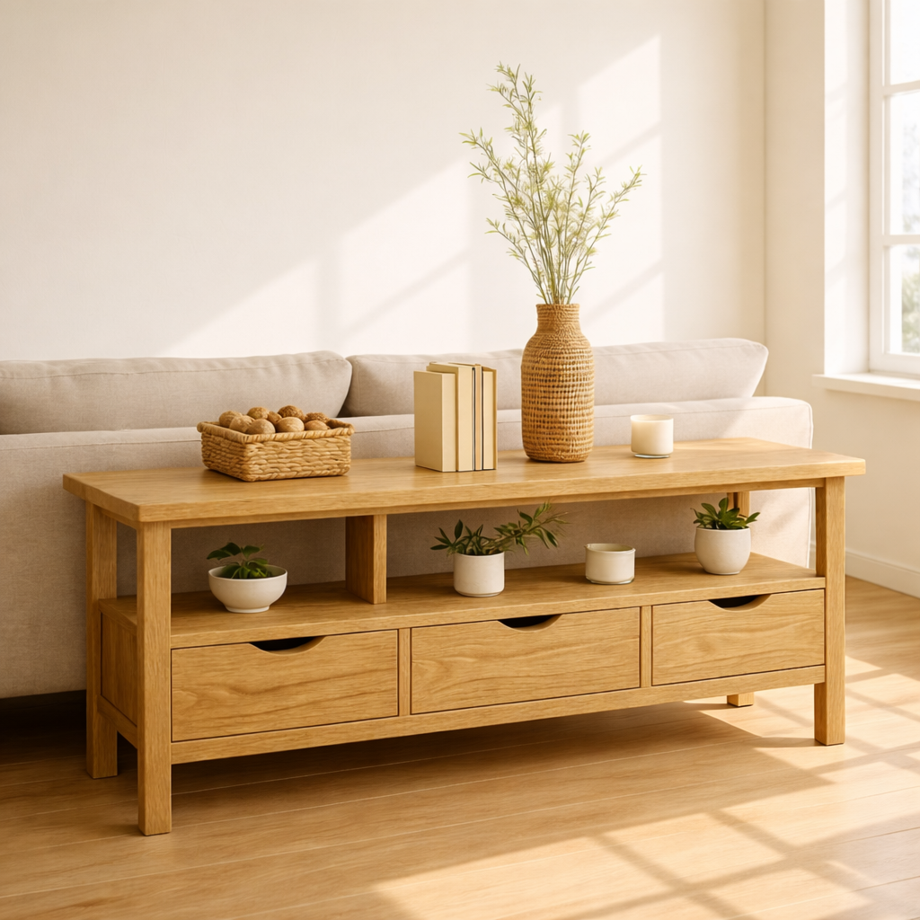 Solid Wood Console Table with Drawers and Shelf, Modern Entryway Sofa Table Wood Storage Cabinet