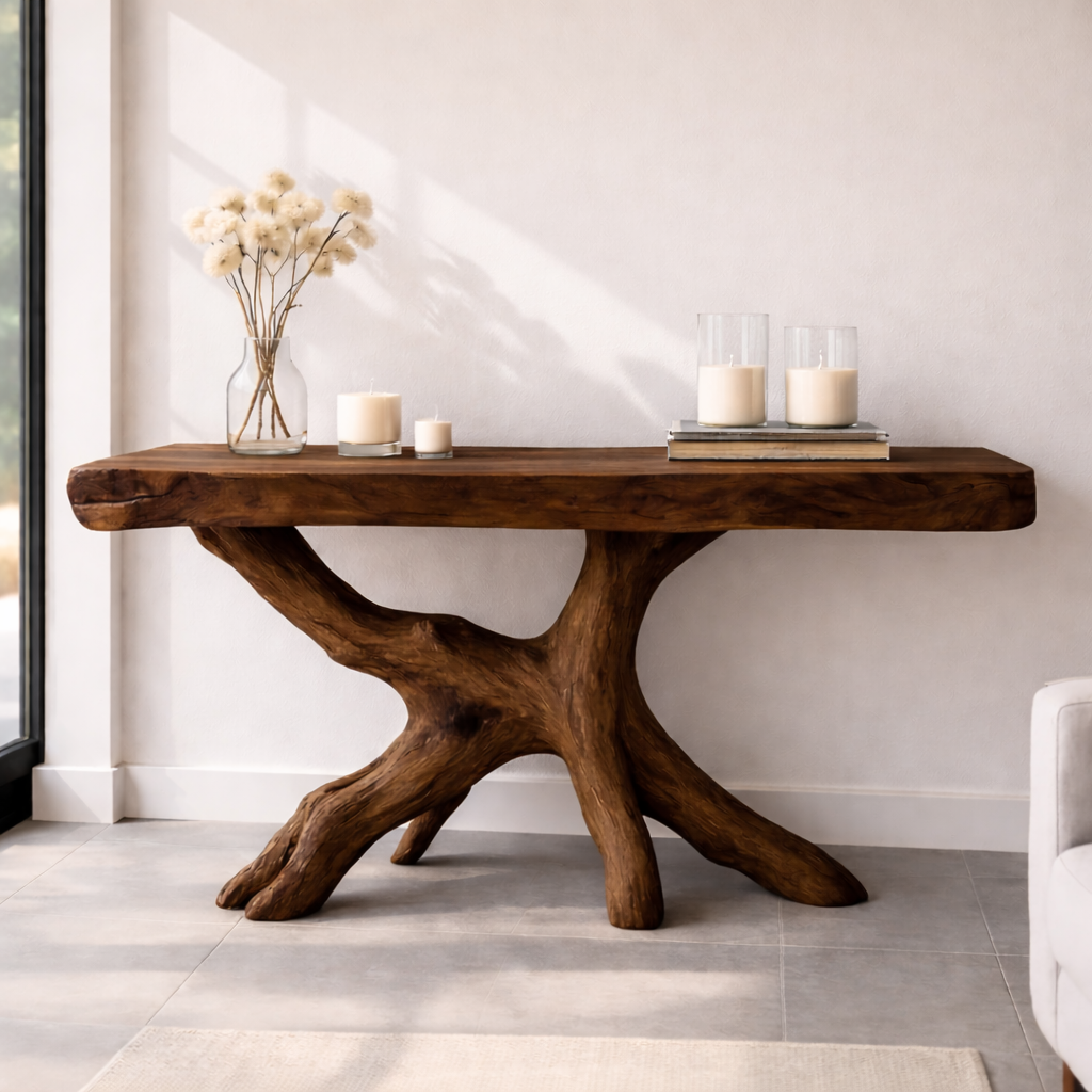 Rustic Solid Wood Console Table, Natural Tree Root Base Entryway Hallway Statement Furniture