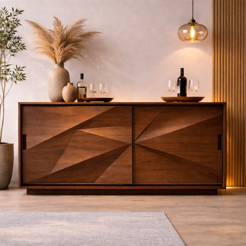 Solid Walnut Console Table with Geometric Carved Doors – Modern Wooden Sideboard