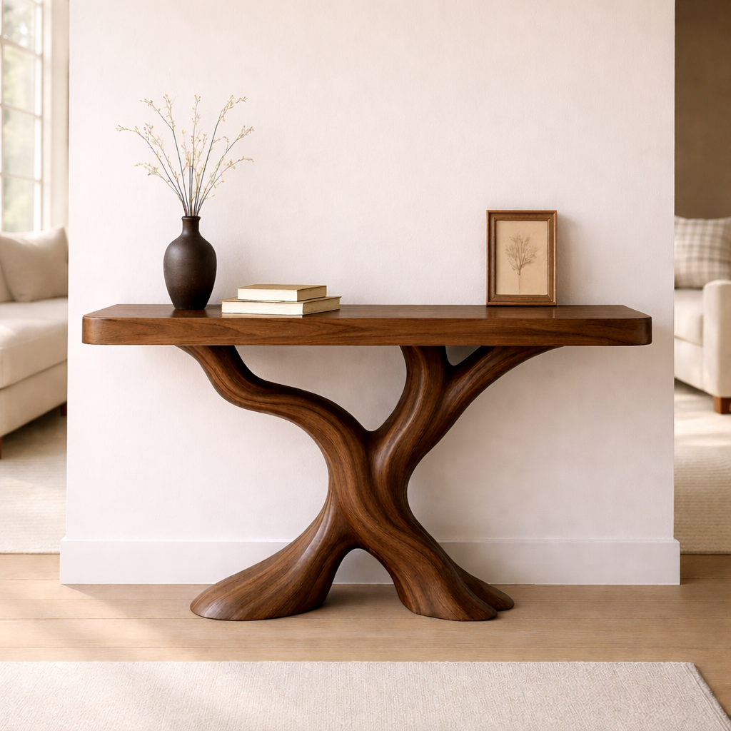Organic Solid Wood Console Table, Sculptural Tree Base Entryway Hallway Furniture