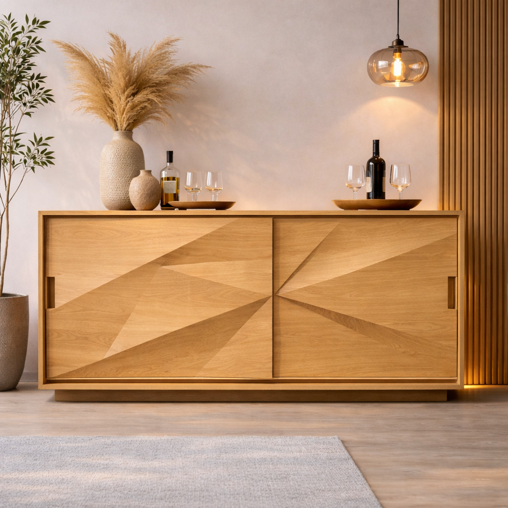Solid Walnut Console Table with Geometric Carved Doors – Modern Wooden Sideboard