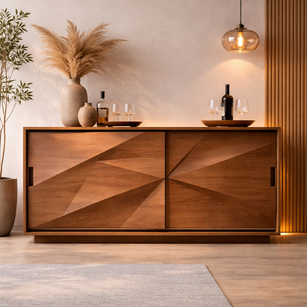 Solid Walnut Console Table with Geometric Carved Doors – Modern Wooden Sideboard