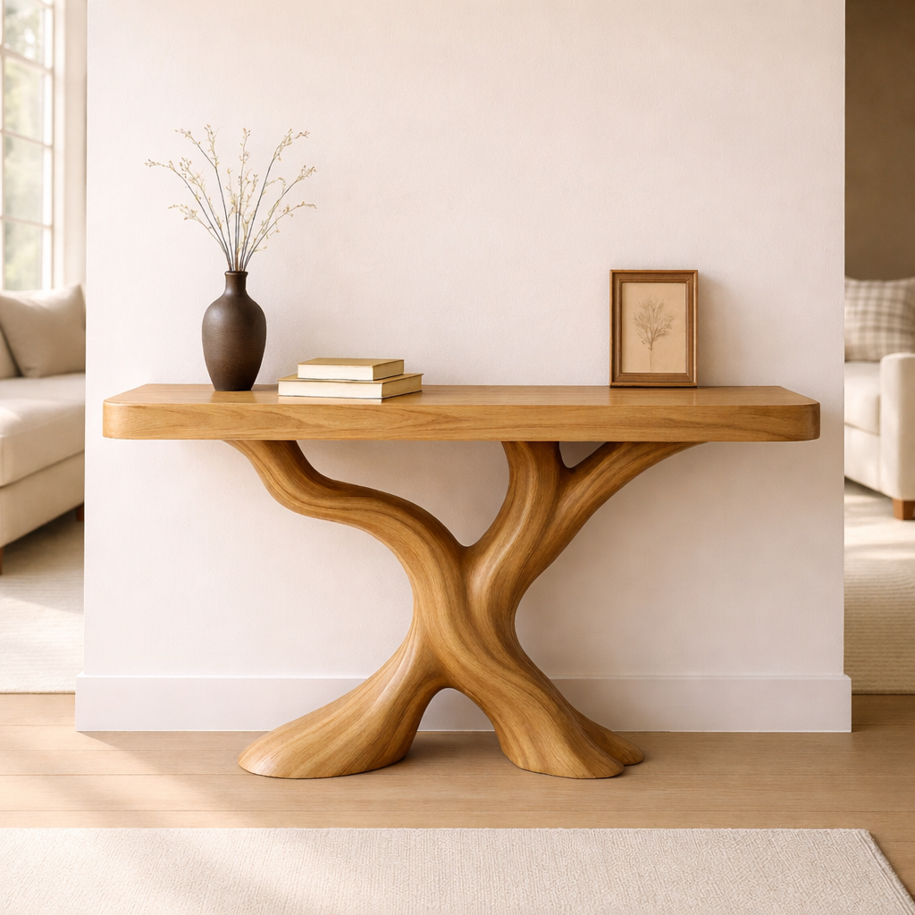 Organic Solid Wood Console Table, Sculptural Tree Base Entryway Hallway Furniture