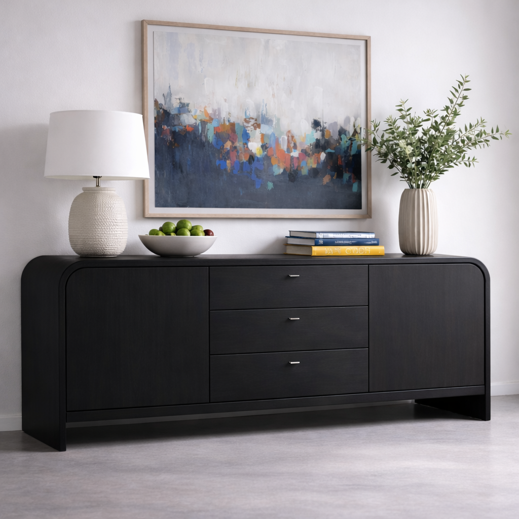 Solid Wood Console Table with Drawers and Cabinets – Modern Walnut Sideboard