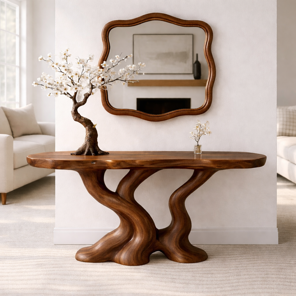 Sculptural Solid Wood Console Table, Organic Tree Root Base Entryway Hallway Furniture