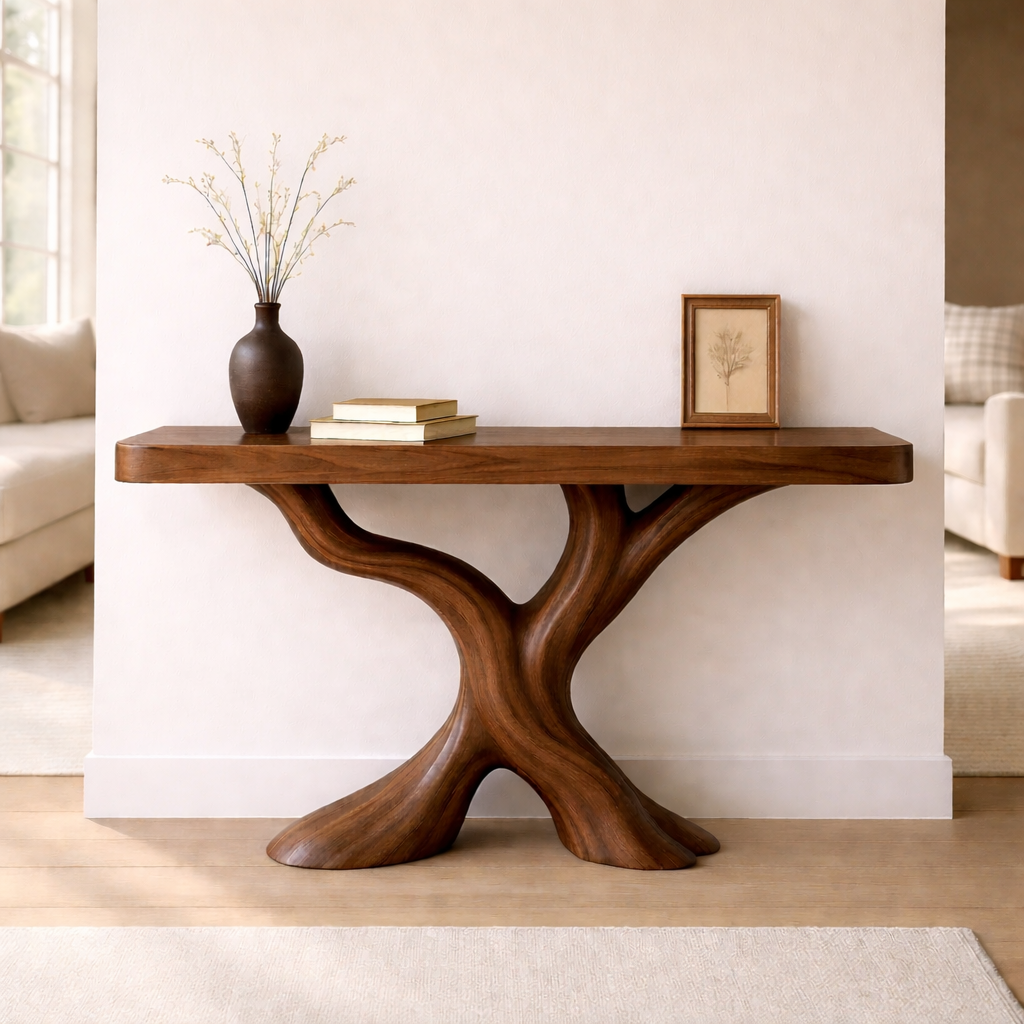Organic Solid Wood Console Table, Sculptural Tree Base Entryway Hallway Furniture