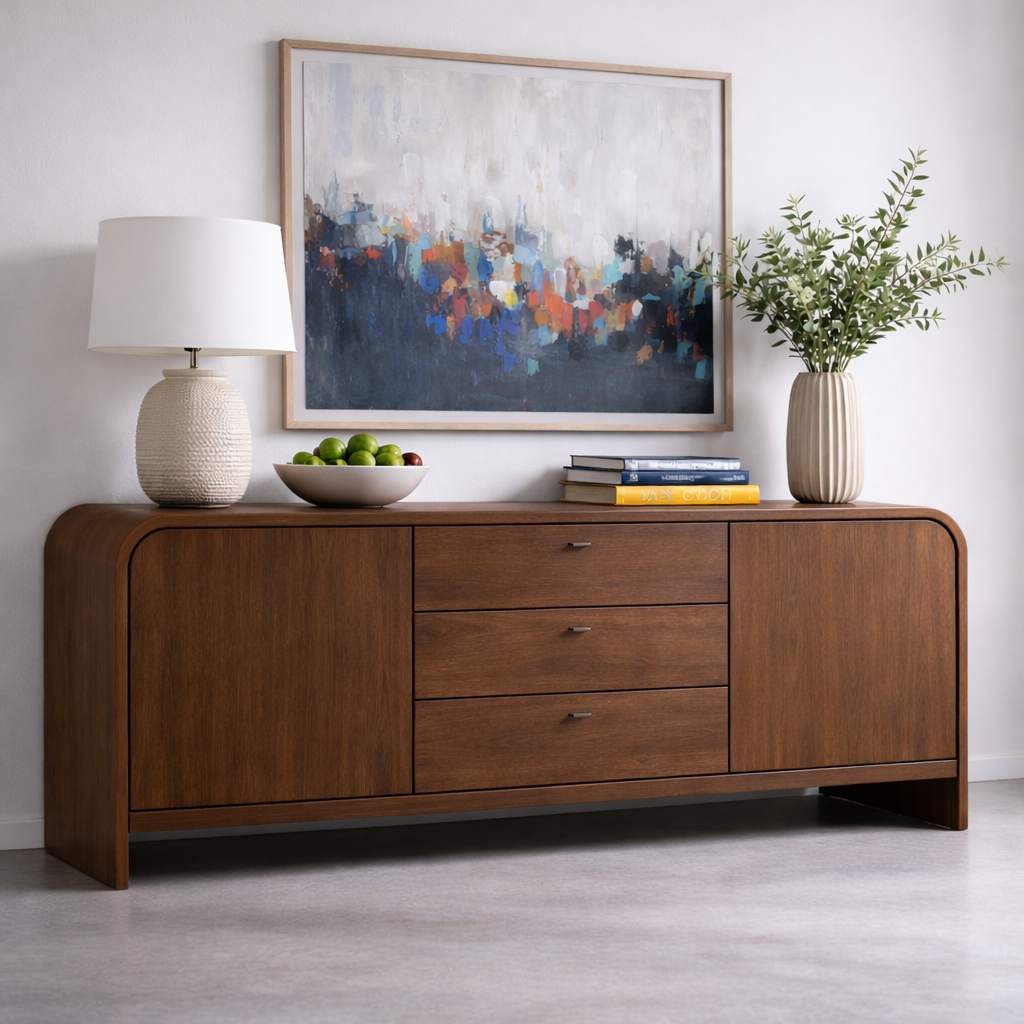 Solid Wood Console Table with Drawers and Cabinets – Modern Walnut Sideboard