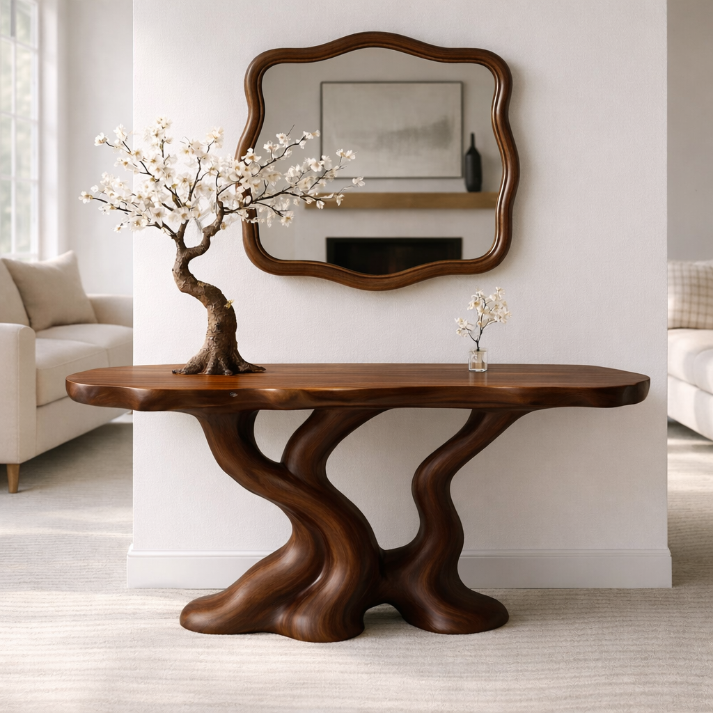 Sculptural Solid Wood Console Table, Organic Tree Root Base Entryway Hallway Furniture