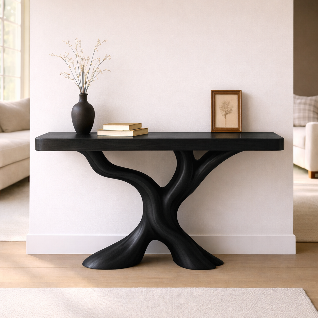 Organic Solid Wood Console Table, Sculptural Tree Base Entryway Hallway Furniture