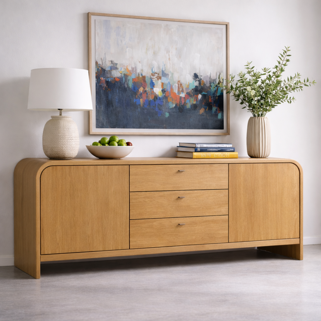 Solid Wood Console Table with Drawers and Cabinets – Modern Walnut Sideboard