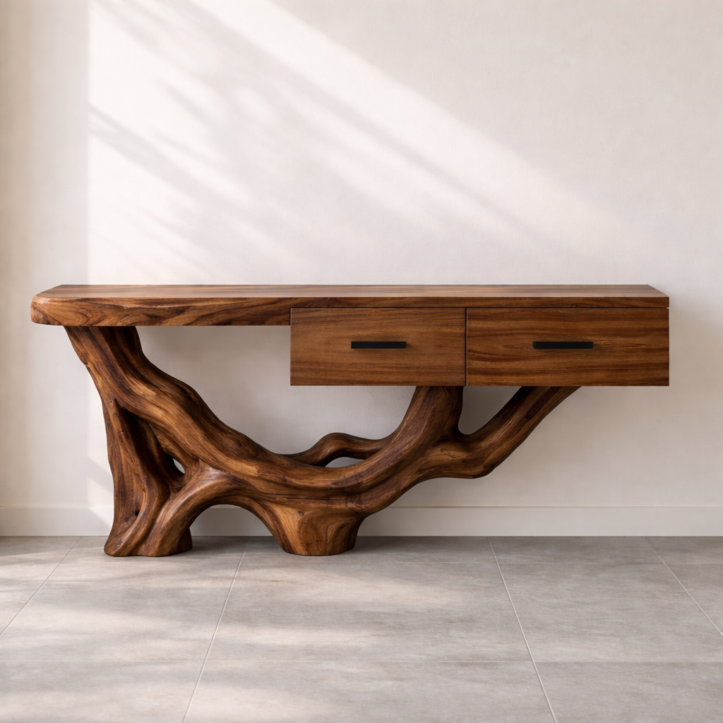 Rustic Solid Wood Console Table With Drawers, Tree Root Base Entryway Hallway Furniture