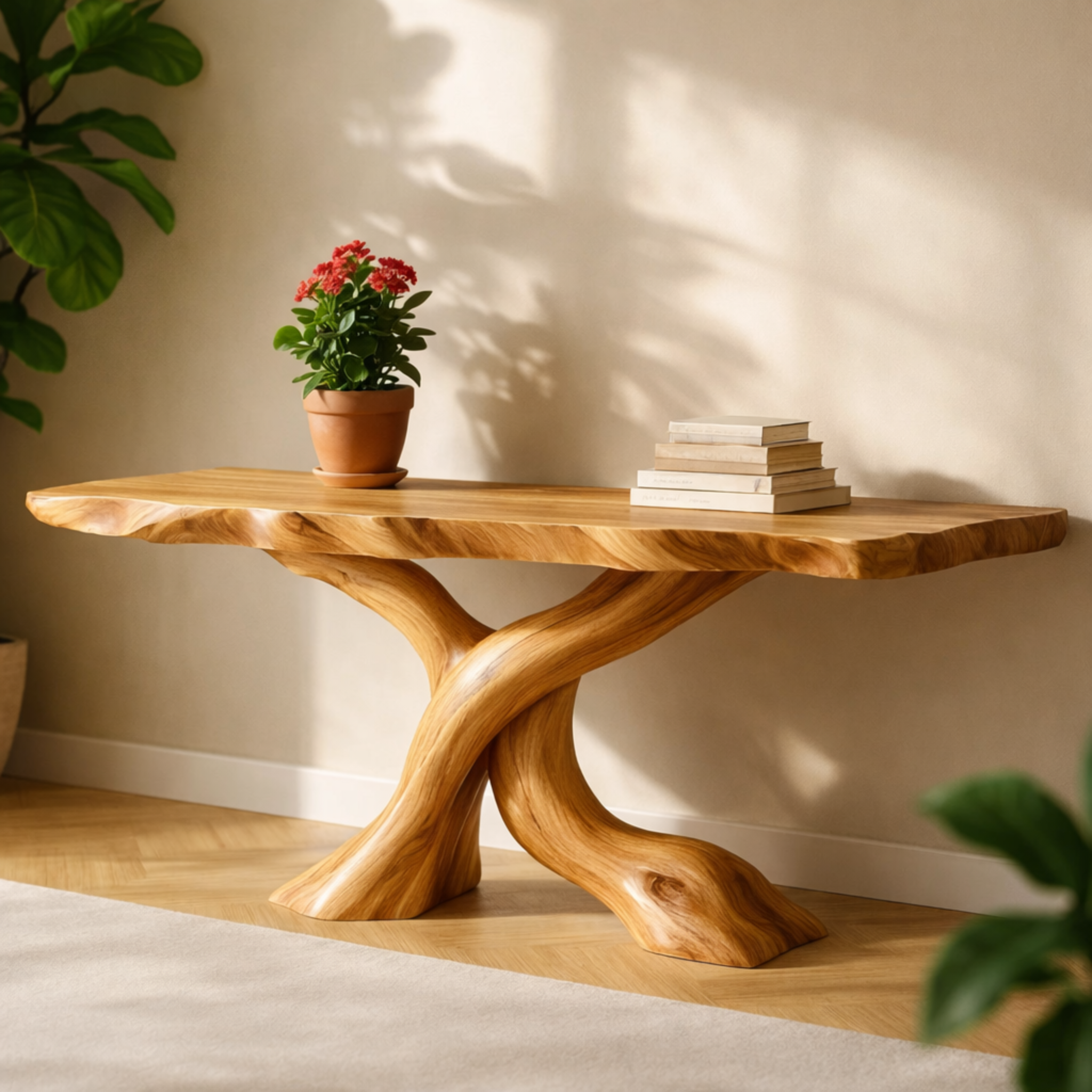 Solid Wood Entryway Console Table with Twisted Trunk Base and Natural Live Edge