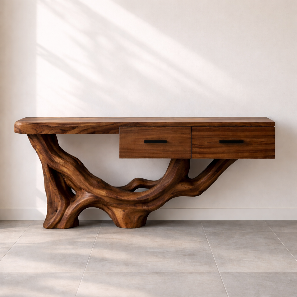 Rustic Solid Wood Console Table With Drawers, Tree Root Base Entryway Hallway Furniture