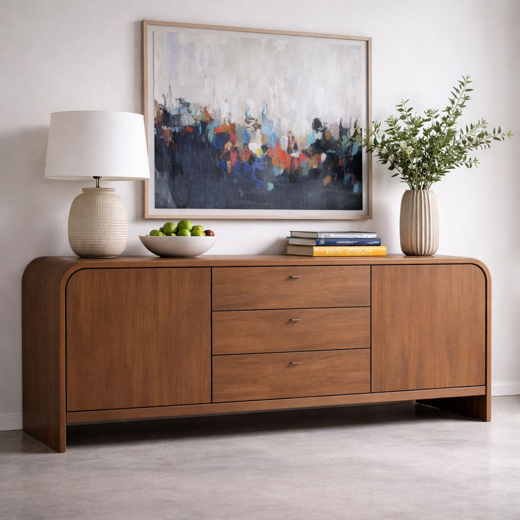 Solid Wood Console Table with Drawers and Cabinets – Modern Walnut Sideboard