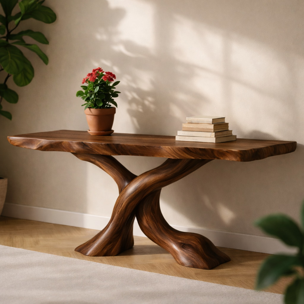 Solid Wood Entryway Console Table with Twisted Trunk Base and Natural Live Edge