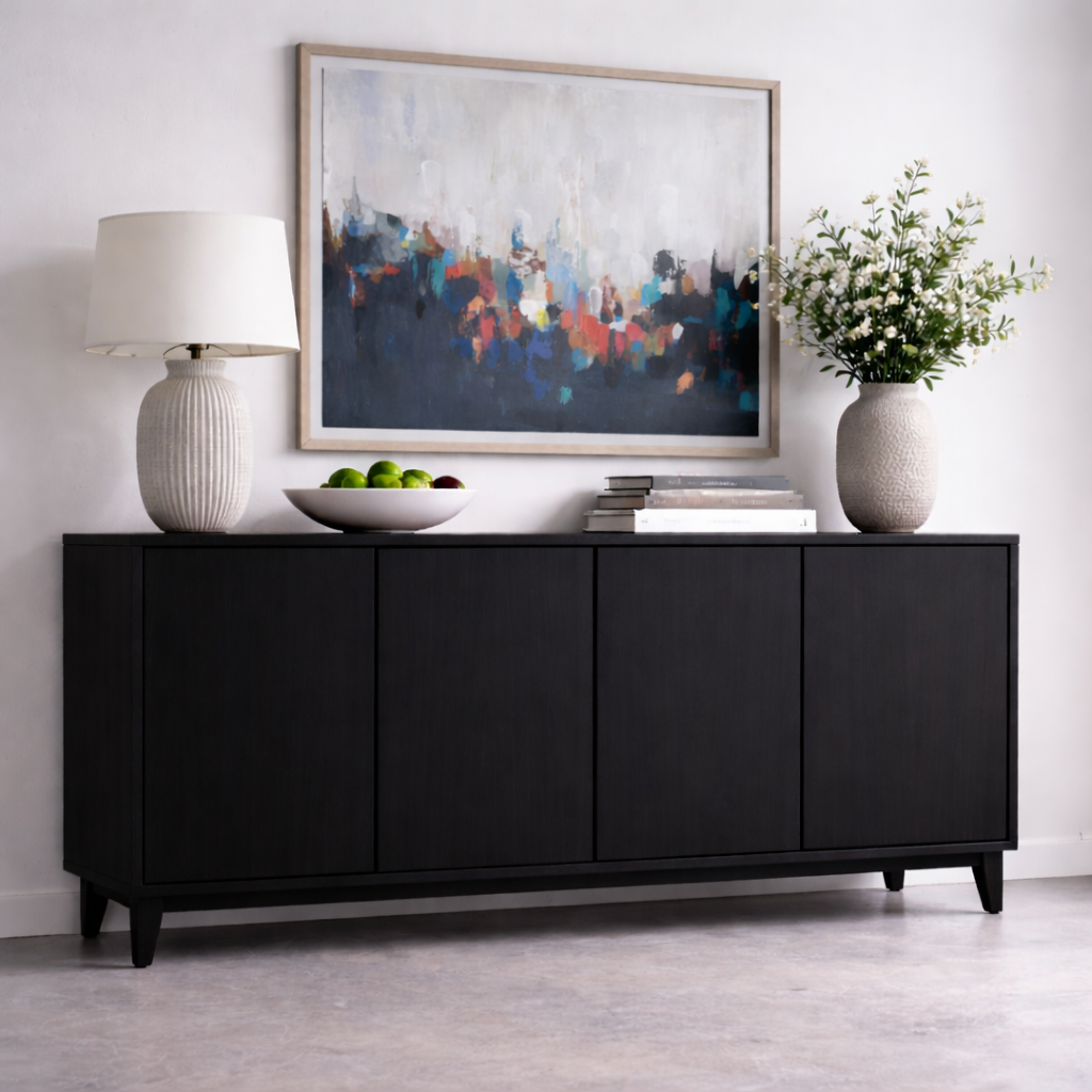 Modern Solid Wood Console Table with 4 Doors – Walnut Storage Sideboard Cabinet