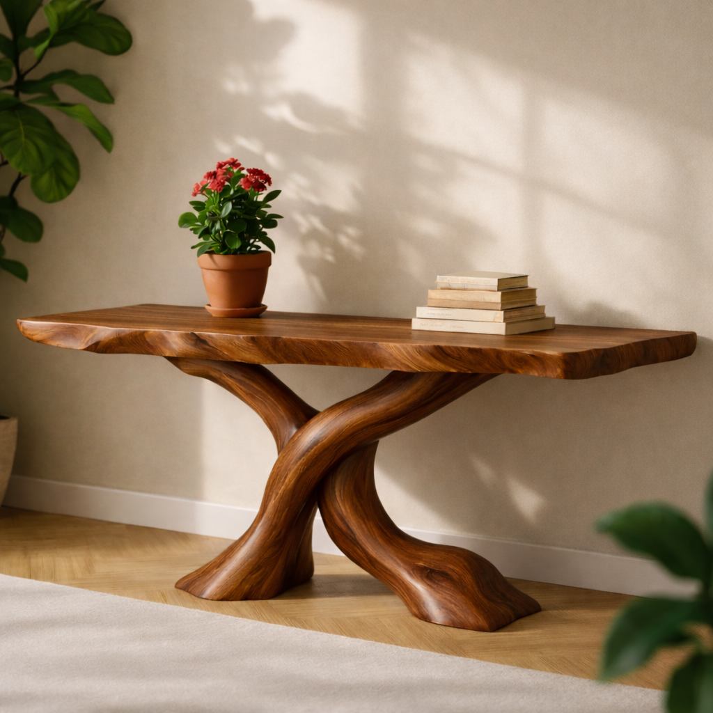Solid Wood Entryway Console Table with Twisted Trunk Base and Natural Live Edge