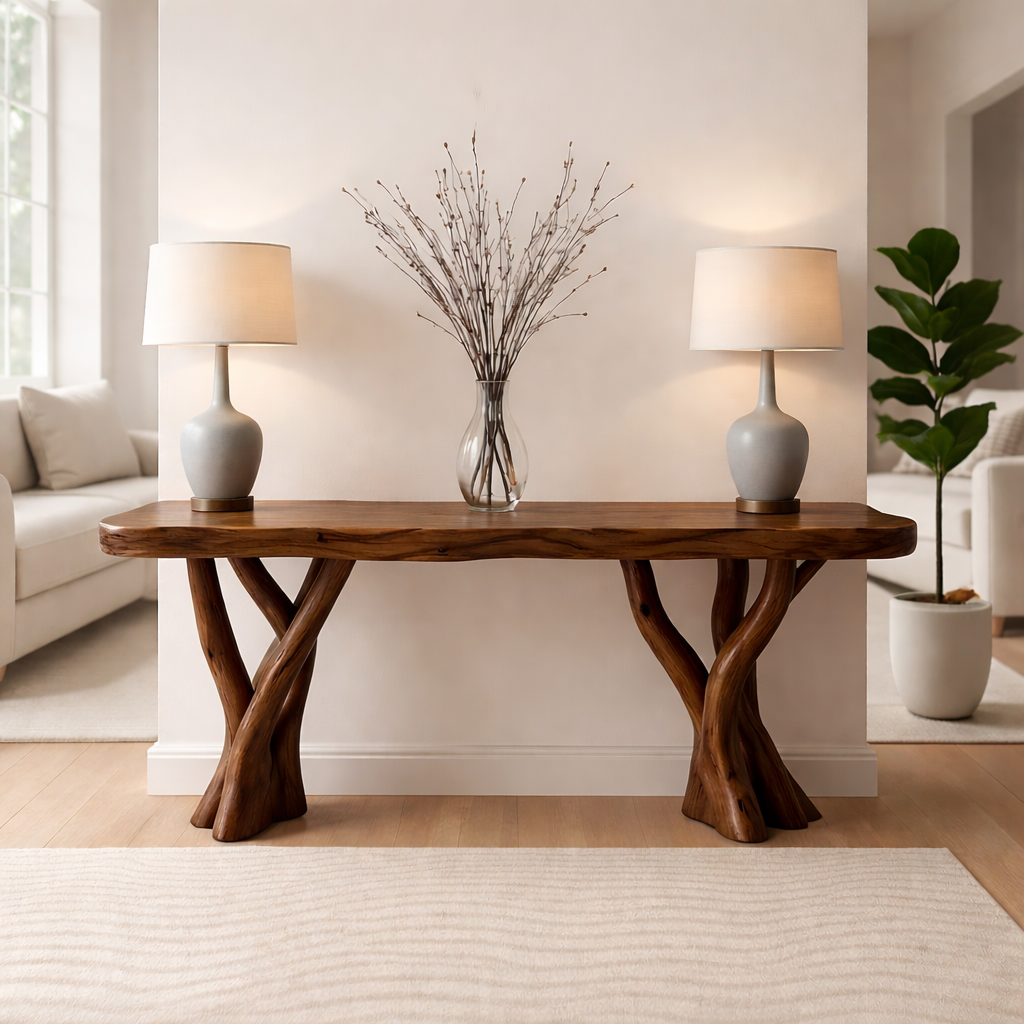 Rustic Solid Wood Console Table, Sculptural Branch Base Entryway Hallway Furniture