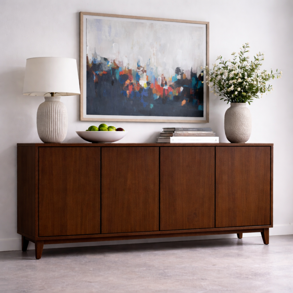 Modern Solid Wood Console Table with 4 Doors – Walnut Storage Sideboard Cabinet