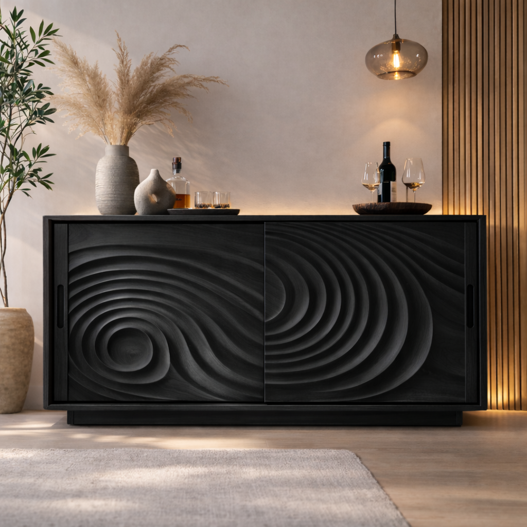 Solid Wood Console Table with Carved Wave Doors – Modern Sculptural Storage Cabinet