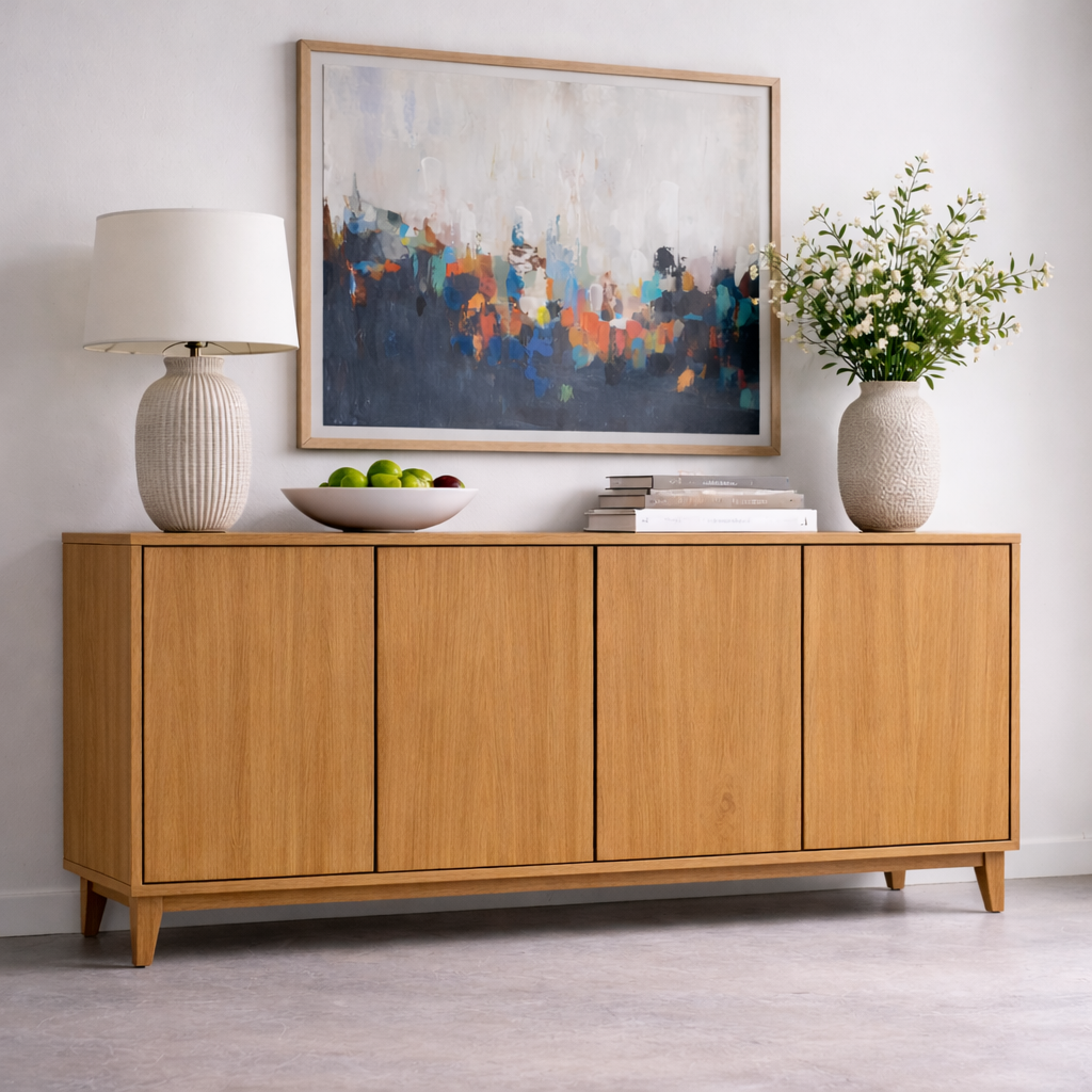 Modern Solid Wood Console Table with 4 Doors – Walnut Storage Sideboard Cabinet