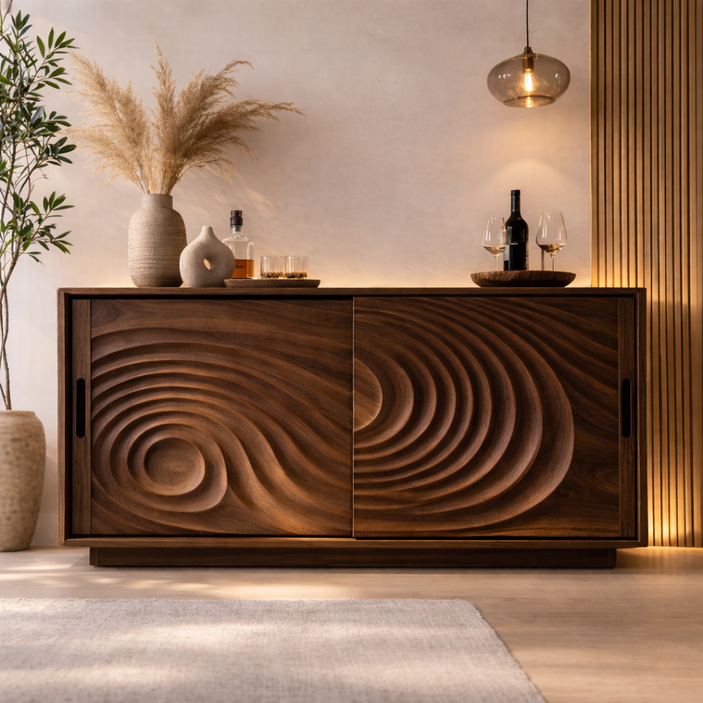 Solid Wood Console Table with Carved Wave Doors – Modern Sculptural Storage Cabinet