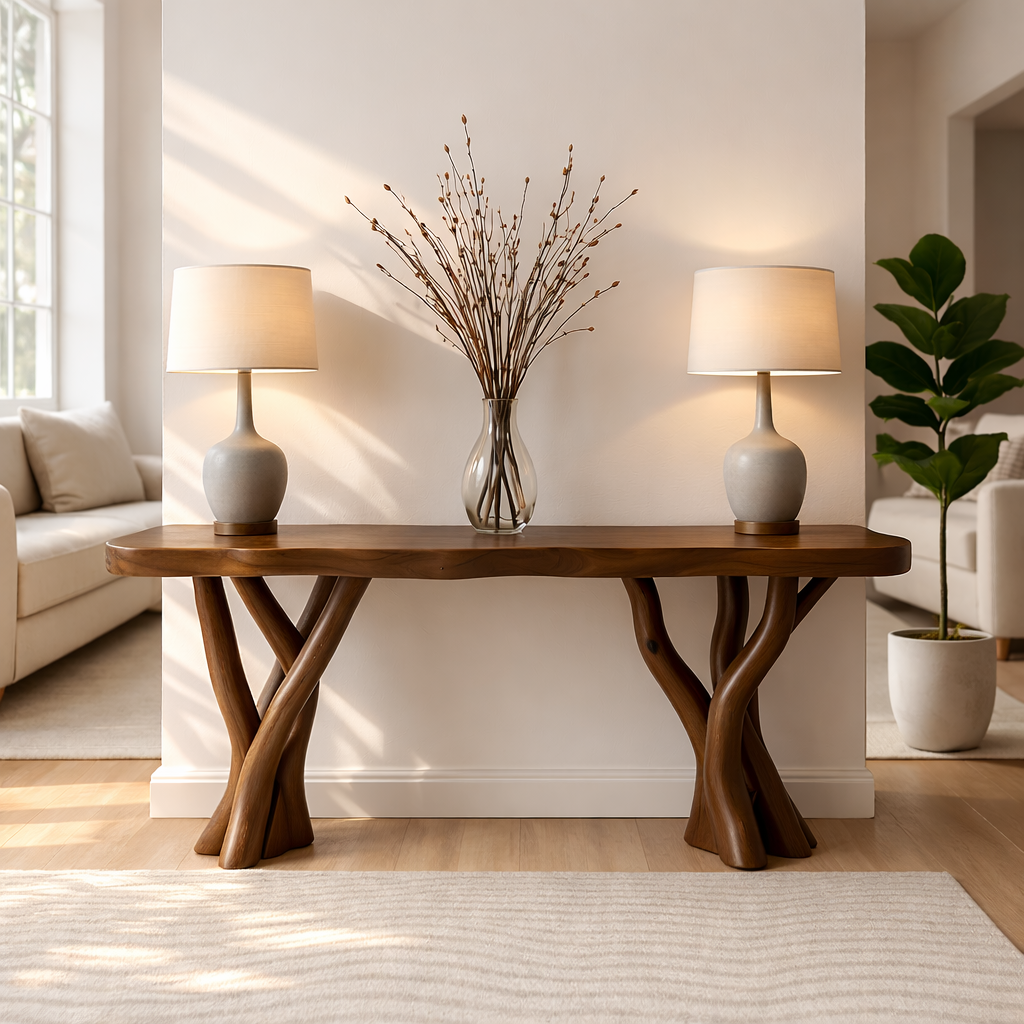 Rustic Solid Wood Console Table, Sculptural Branch Base Entryway Hallway Furniture