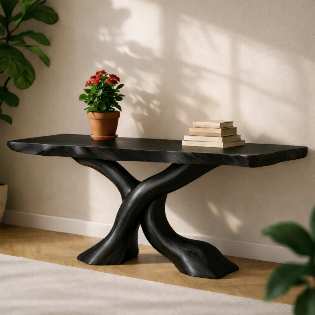 Solid Wood Entryway Console Table with Twisted Trunk Base and Natural Live Edge