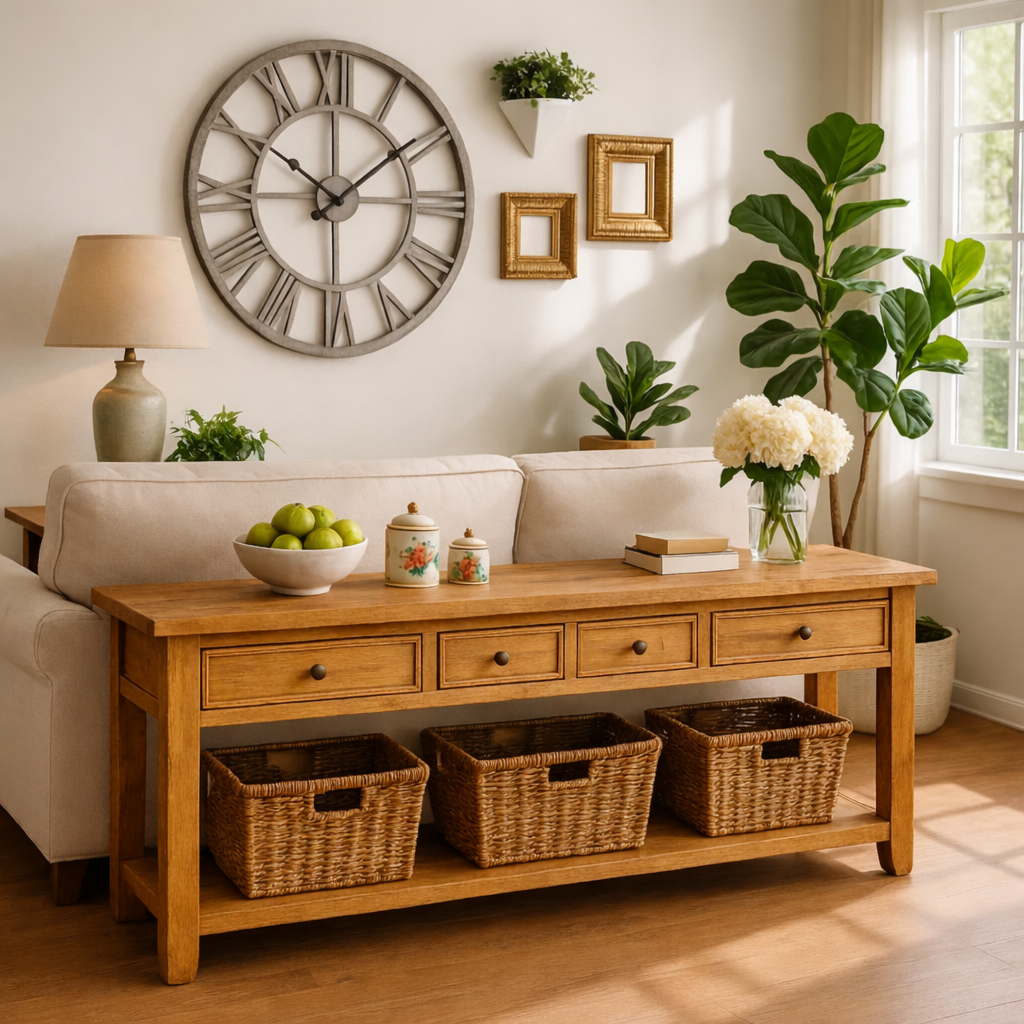 Solid Wood Console Table with Drawers and Storage Shelf for Living Room or Entryway