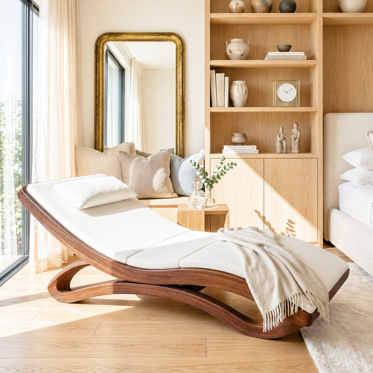 Modern Curved Chaise Lounge Daybed with Cushion for Bedroom Reading Nook