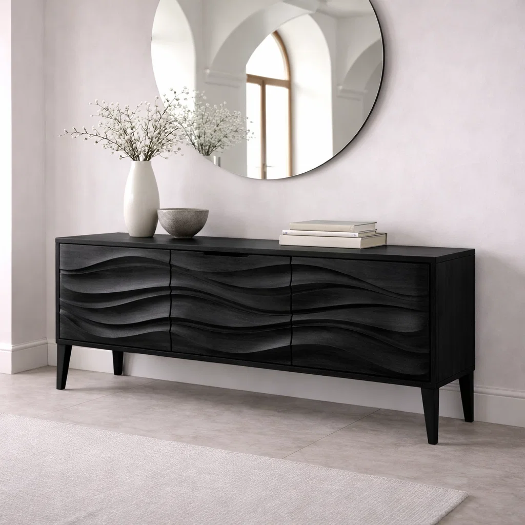 Solid Wood Console Table with Wave Front – Modern Entryway Storage Cabinet