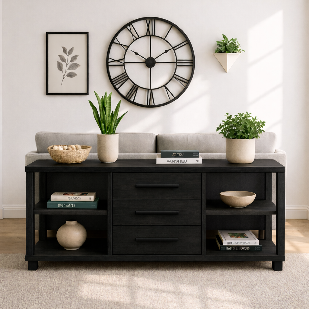 Solid Wood Console Table with Drawers and Shelves, Modern Walnut Entryway Sofa Table Storage Cabinet