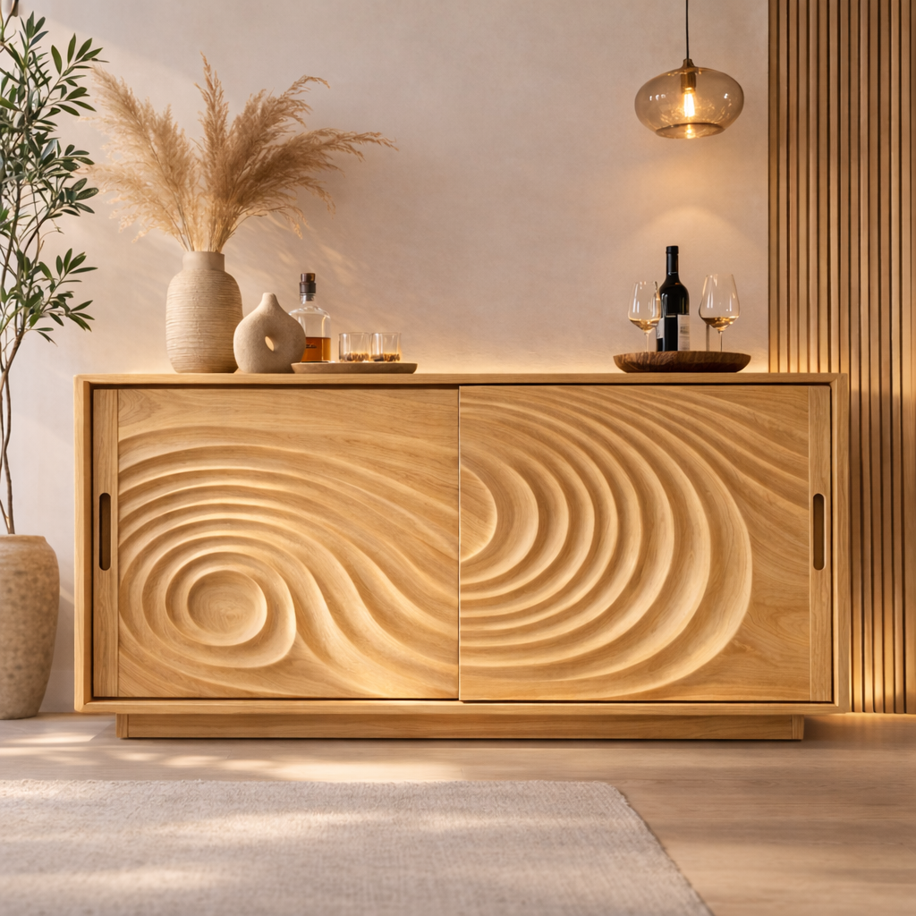 Solid Wood Console Table with Carved Wave Doors – Modern Sculptural Storage Cabinet