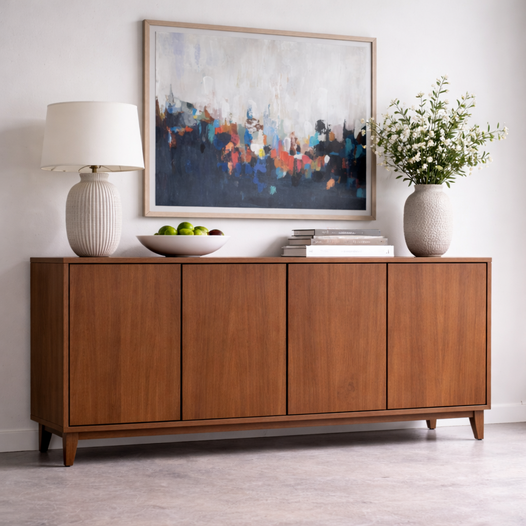 Modern Solid Wood Console Table with 4 Doors – Walnut Storage Sideboard Cabinet