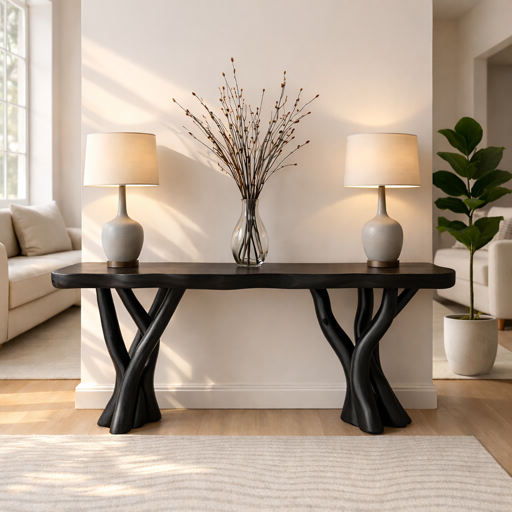 Rustic Solid Wood Console Table, Sculptural Branch Base Entryway Hallway Furniture