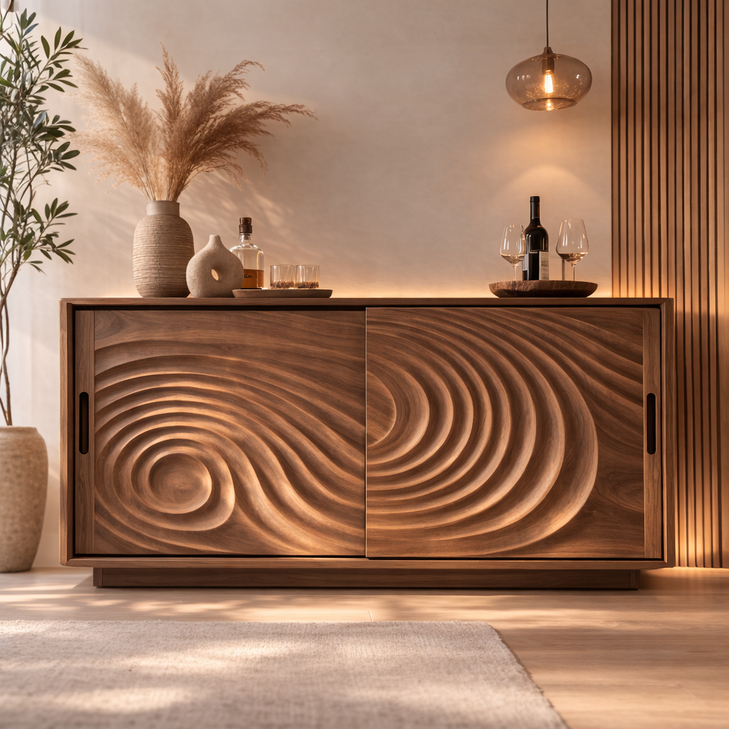 Solid Wood Console Table with Carved Wave Doors – Modern Sculptural Storage Cabinet