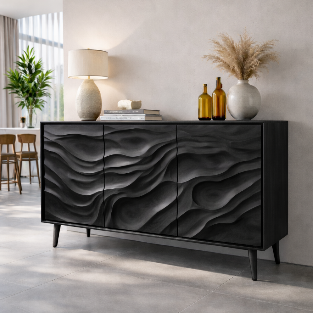 Solid Wood Console Table with Carved Wave Doors – Modern Sculptural Storage Sideboard